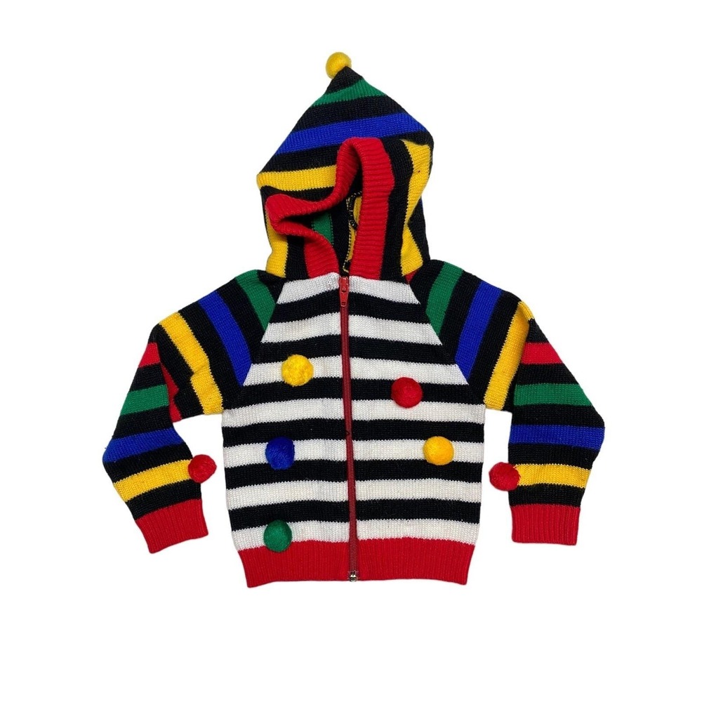Vintage 90s 24 Month Toddler Hooded Knit Sweater Stripes Primary Pompoms Zip Up
